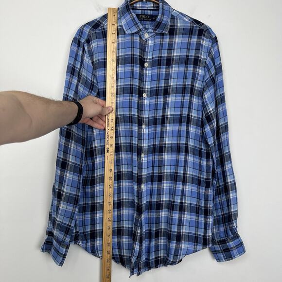 Polo Ralph Lauren Shirt Men’s Small 100% Linen Button Up Blue Plaid Long Sleeve - Picture 6 of 8